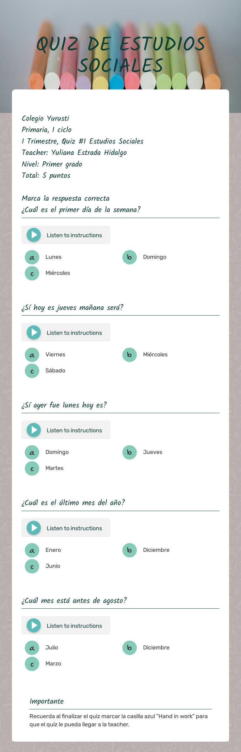QUIZ DE ESTUDIOS SOCIALES Grade 1 worksheet preview
