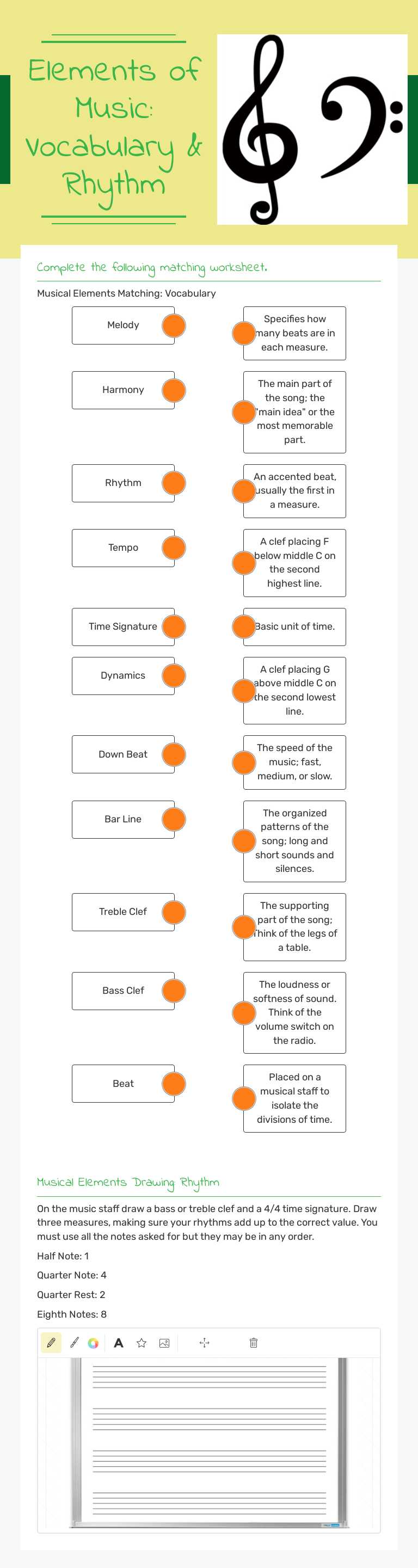 Elements of Music: Vocabulary & Rhythm worksheet preview image