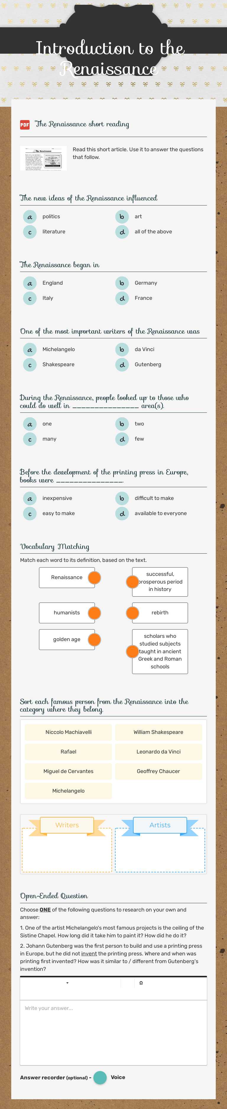 Introduction to the Renaissance worksheet preview image