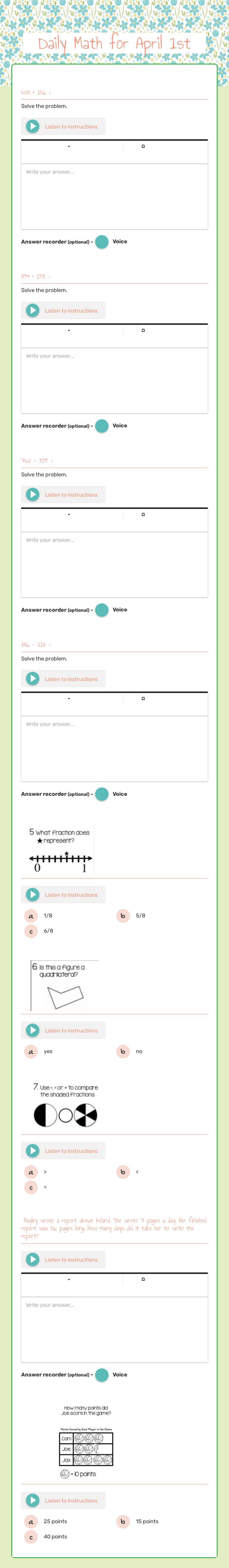 Daily Math for April 1st worksheet preview image