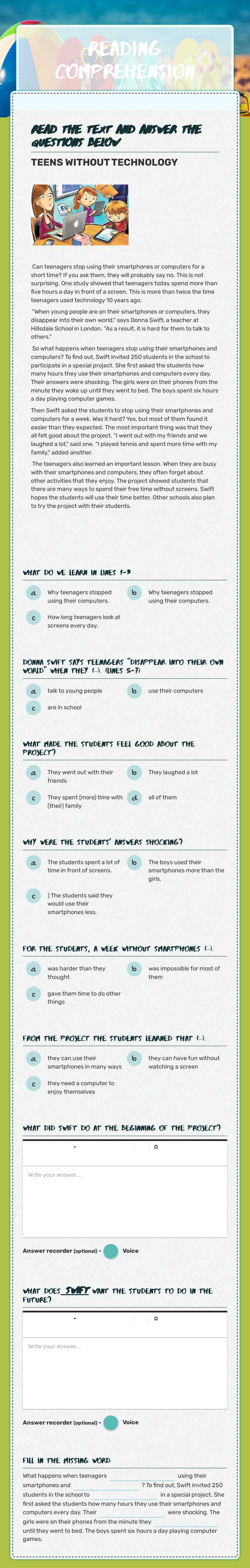 READING COMPREHENSION Grade 8 worksheet preview