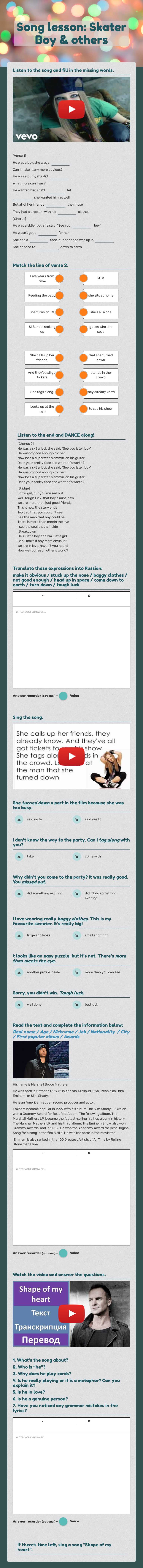 Song lesson: Skater Boy & others worksheet preview image