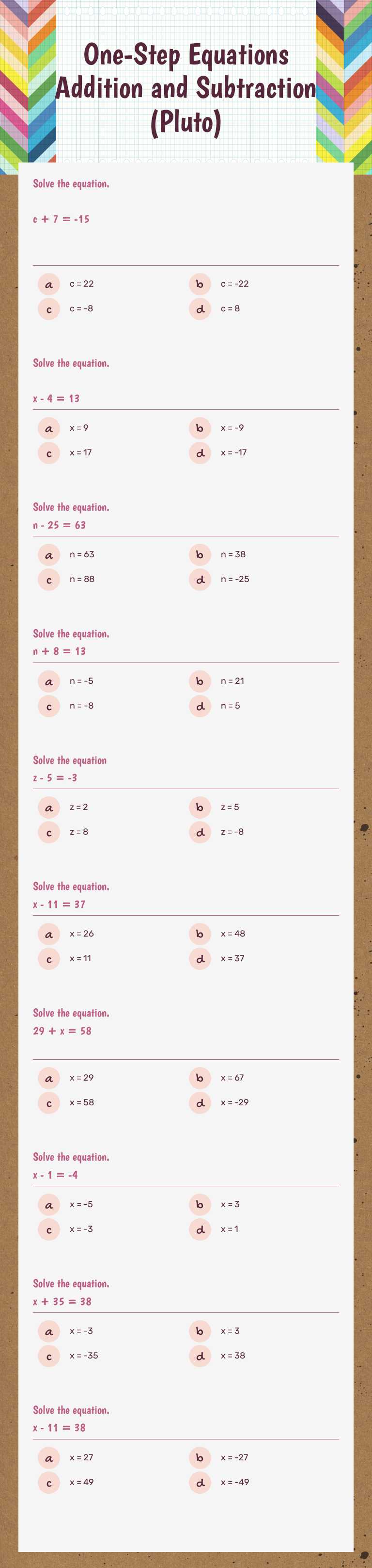 One-Step Equations Addition and Subtraction (Pluto) worksheet preview