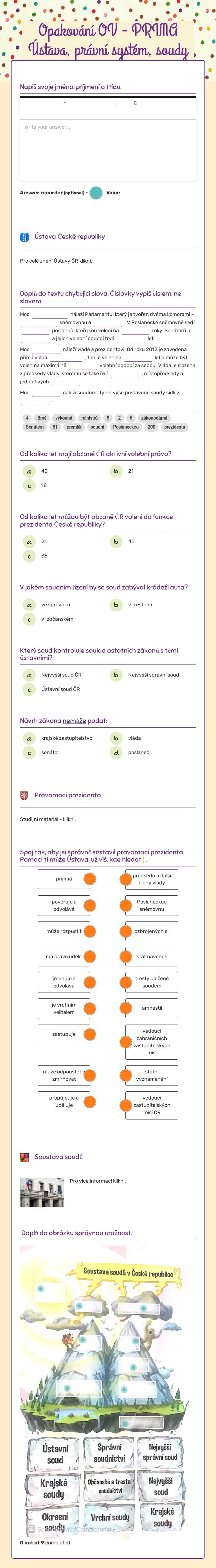 Opakování OV - PRIMA
 Ústava, právní systém, soudy worksheet preview image
