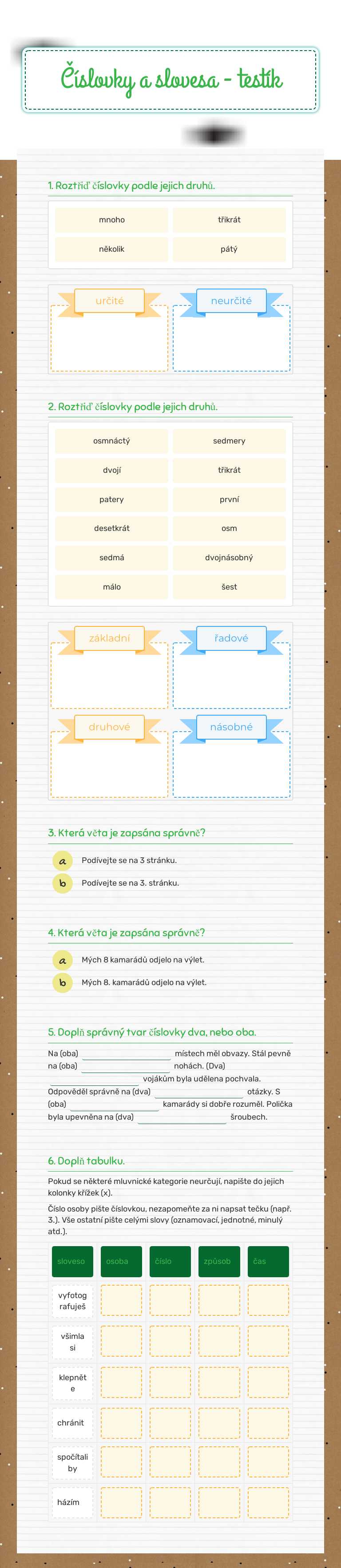 Číslovky a slovesa - testík worksheet preview image