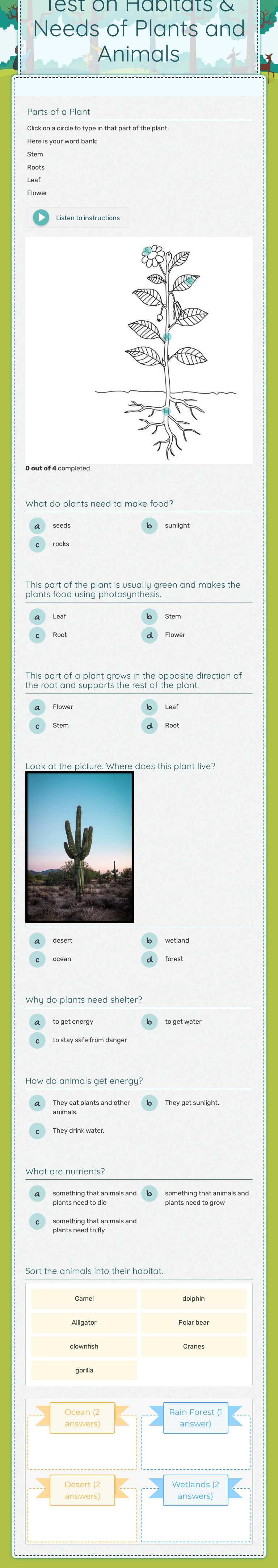 Test on Habitats & Needs of Plants and Animals worksheet preview image