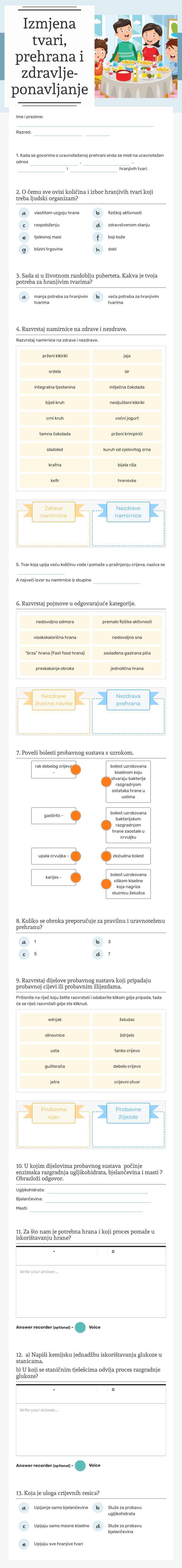 Izmjena tvari, prehrana i zdravlje-ponavljanje worksheet preview image