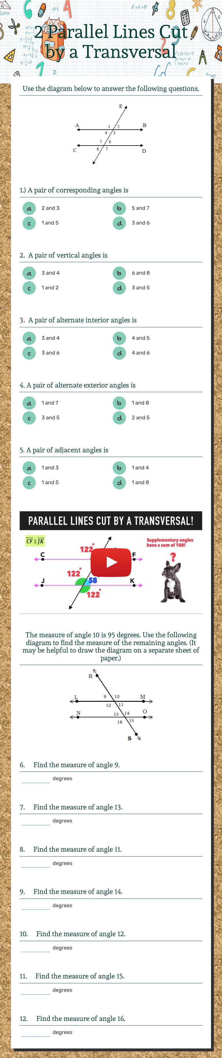 2 Parallel Lines Cut by a Transversal worksheet preview image