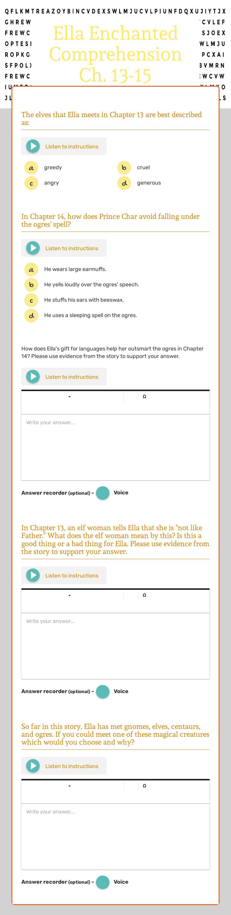 Ella Enchanted Comprehension Ch. 13-15 worksheet preview image
