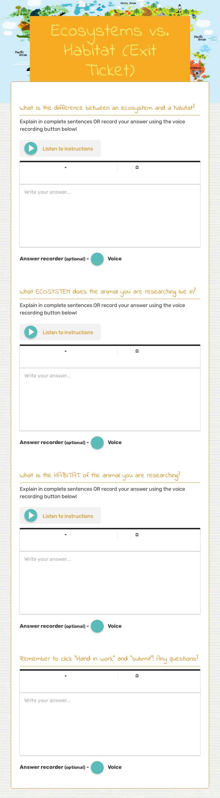 Ecosystems vs. Habitat (Exit Ticket) worksheet preview image
