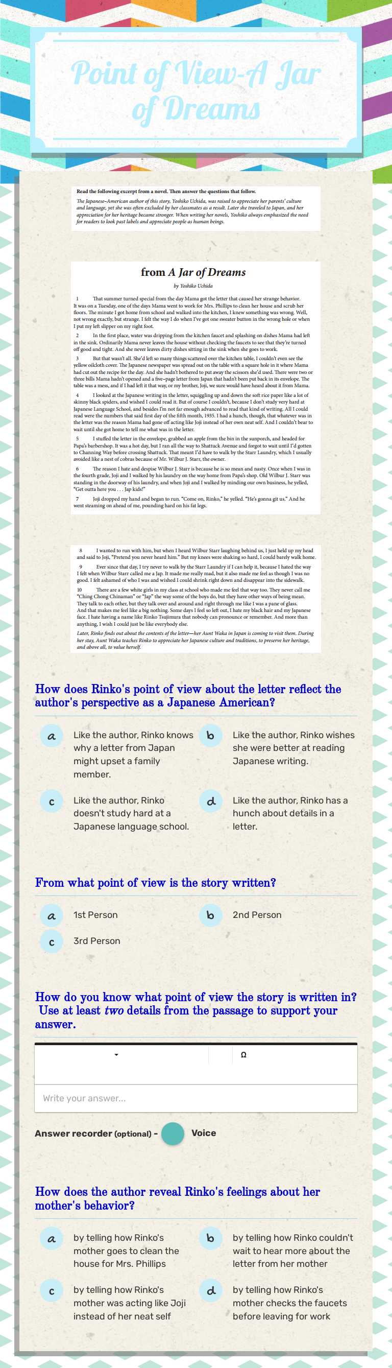 Point of View-A Jar of Dreams worksheet preview image