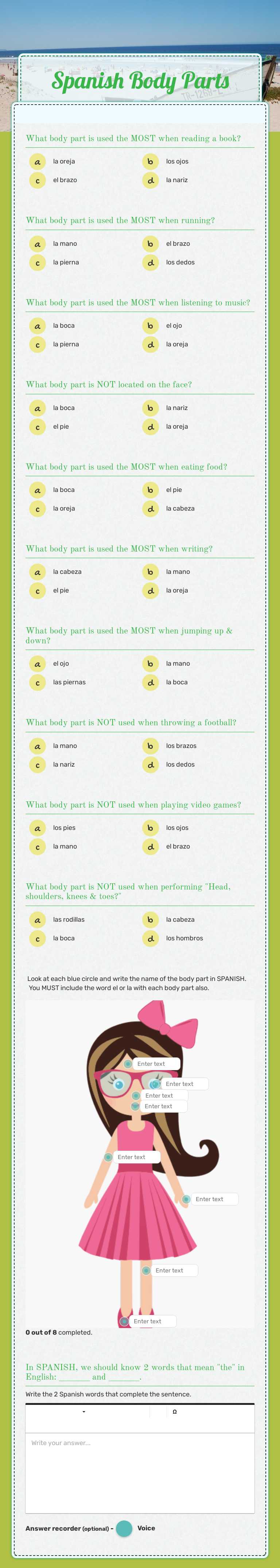 Spanish Body Parts worksheet preview image