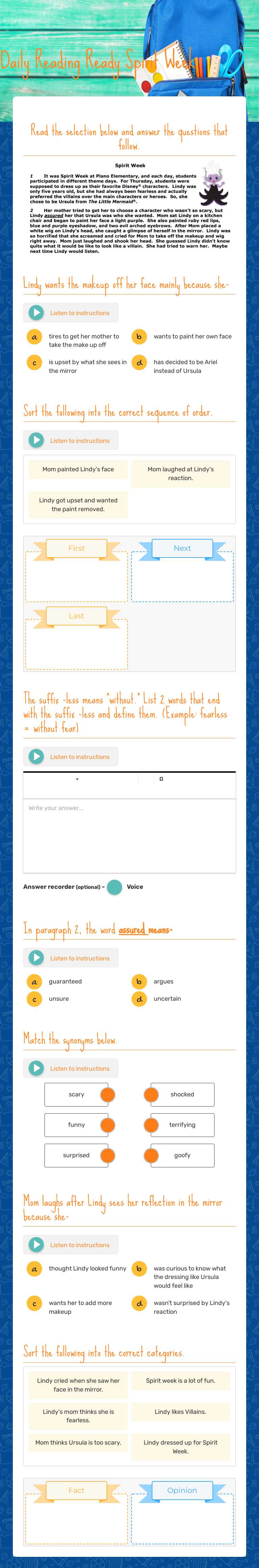 Daily Reading Ready Spirit Week worksheet preview image