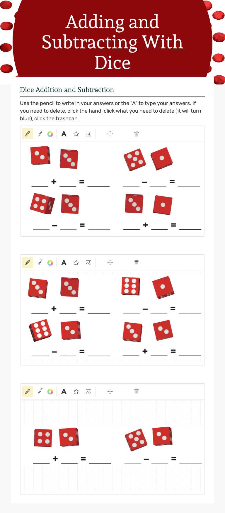 Adding and Subtracting With Dice worksheet preview image