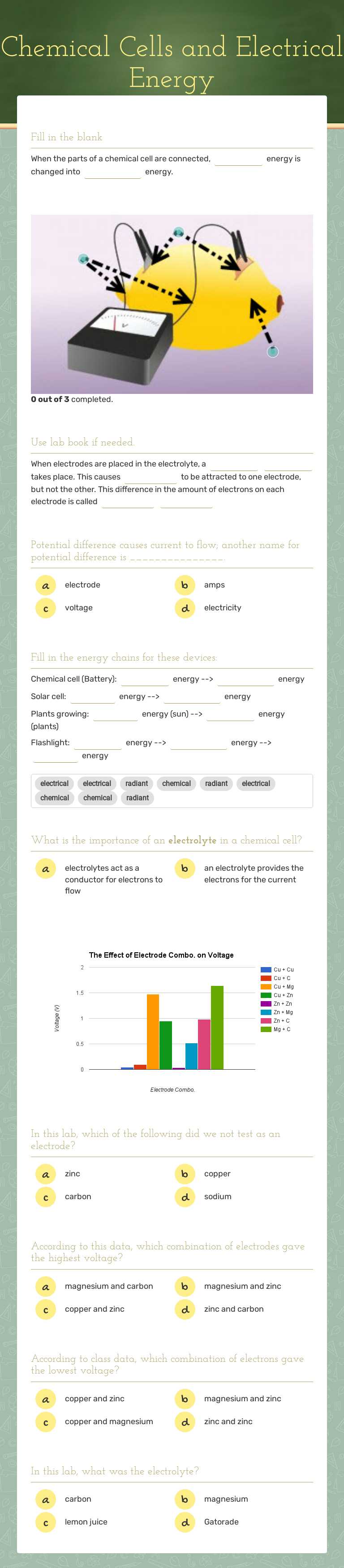 Chemical Cells and Electrical Energy worksheet preview image