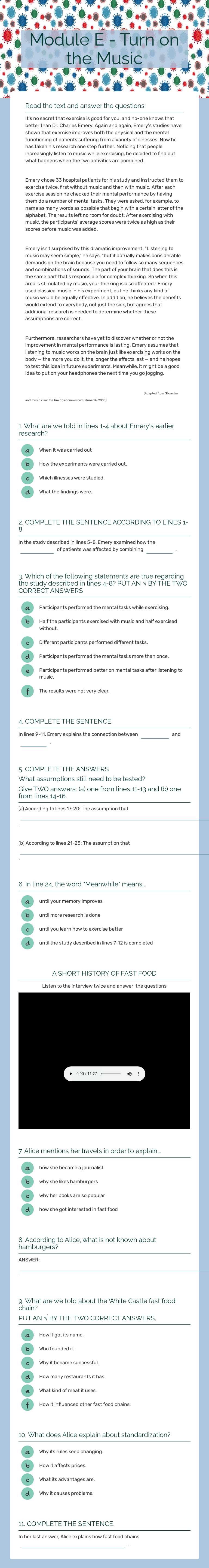 Module E - Turn on the Music worksheet preview image