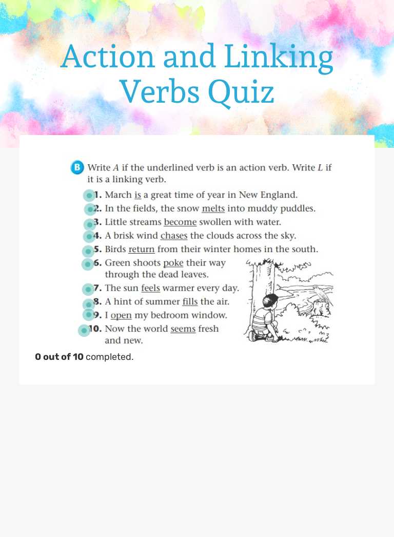 Action and Linking Verbs Quiz Grade 4 worksheet preview