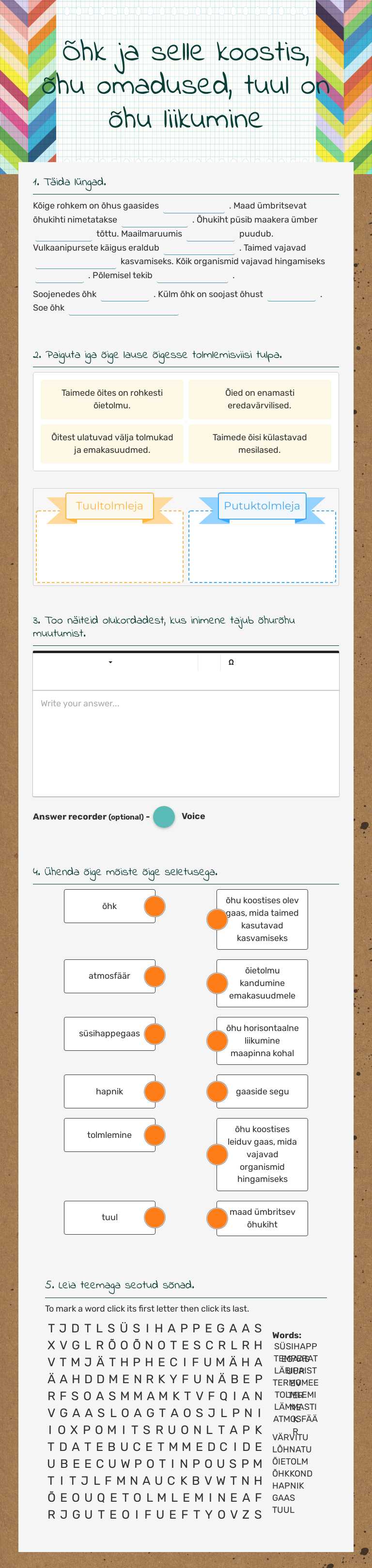 Õhk ja selle koostis, õhu omadused, tuul on õhu liikumine worksheet preview image