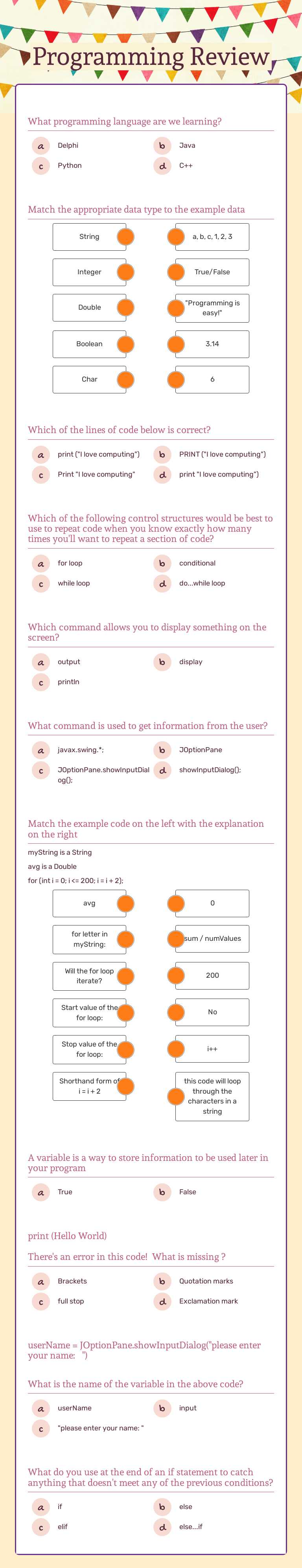Programming Review worksheet preview image