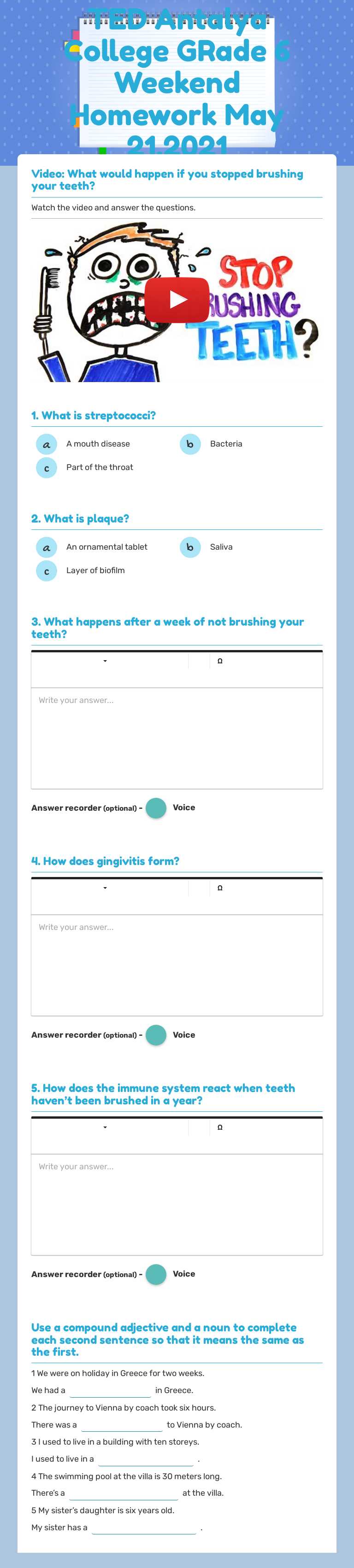 TED Antalya College GRade 6 Weekend Homework May 21,2021 worksheet preview image