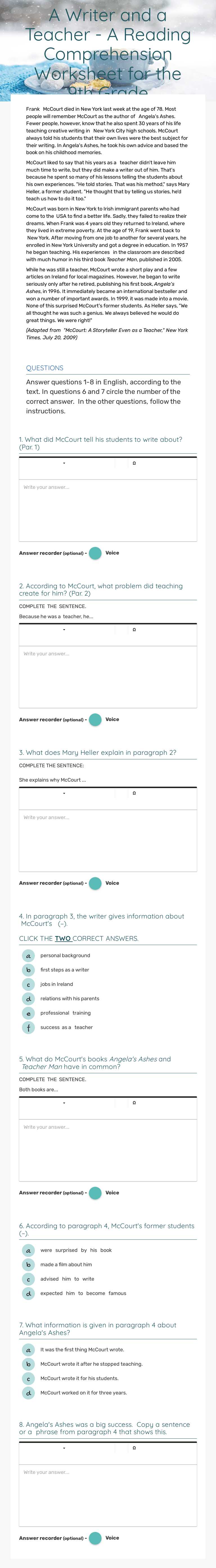 A Writer and a Teacher - 
A Reading Comprehension Worksheet for the 9th Grade worksheet preview image