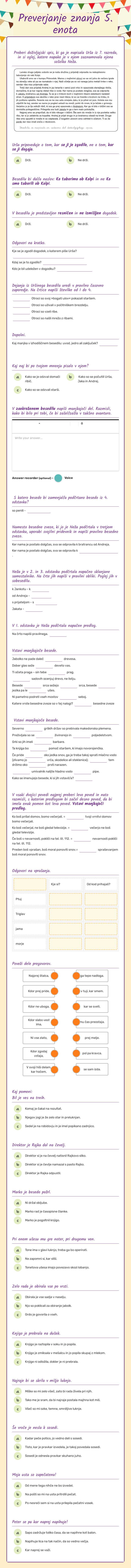 Preverjanje znanja          5. enota worksheet preview image