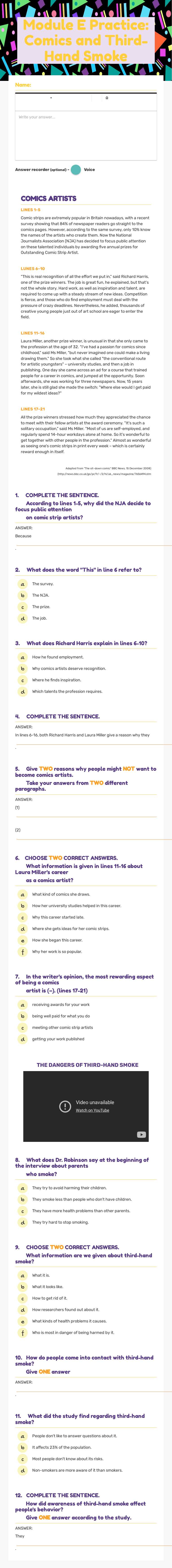 Module E Practice: Comics and Third-Hand Smoke worksheet preview image