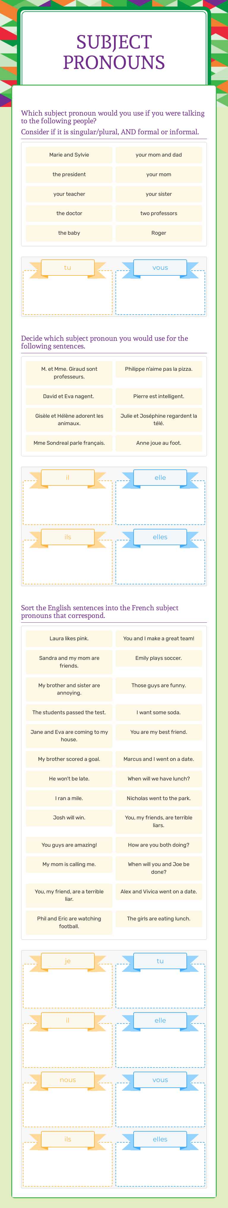 Subject pronouns worksheet preview image