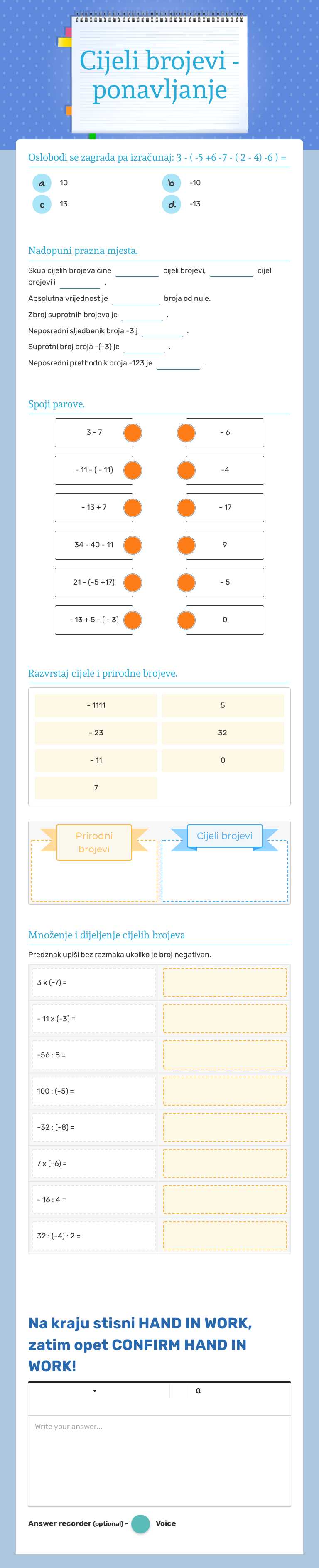 Cijeli brojevi - ponavljanje worksheet preview image