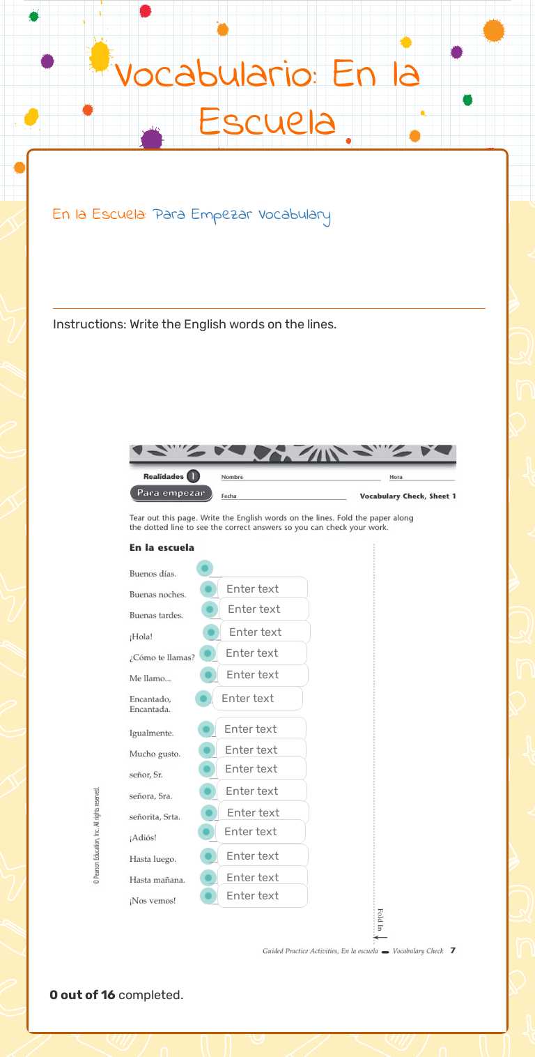 Vocabulario: En la Escuela worksheet preview image
