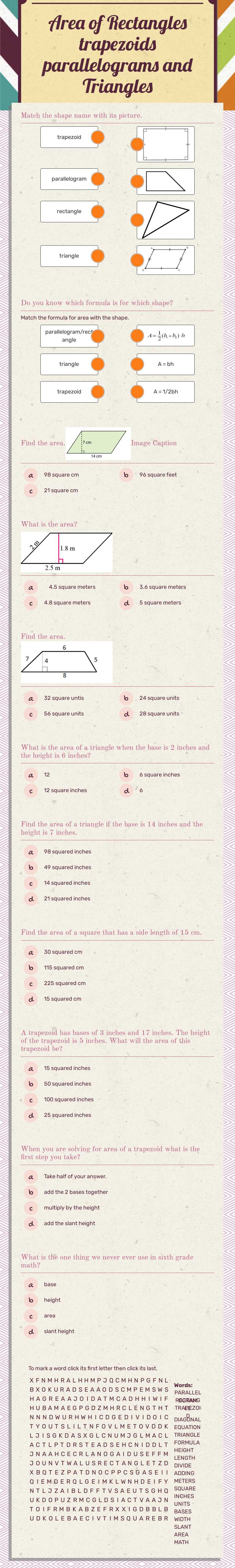 Area of Rectangles trapezoids parallelograms and Triangles worksheet preview image