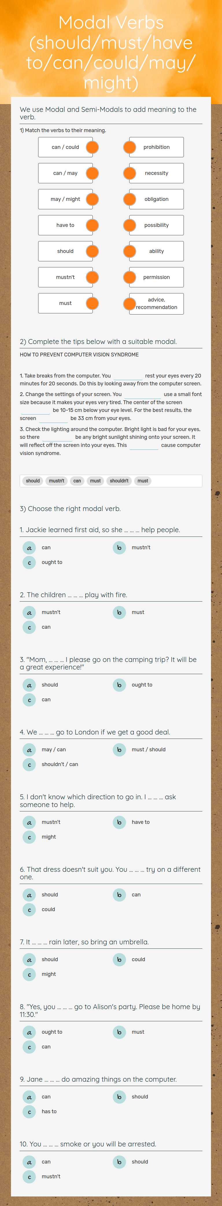 Modal Verbs (should/must/have to/can/could/may/might) worksheet preview image
