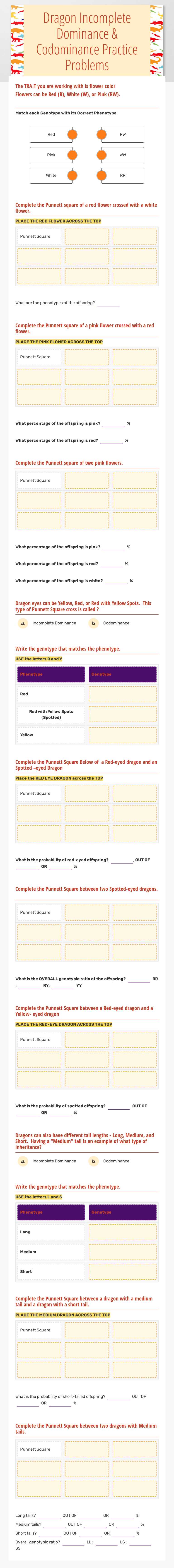 Dragon Incomplete Dominance & Codominance Practice Problems Grade 9 worksheet preview