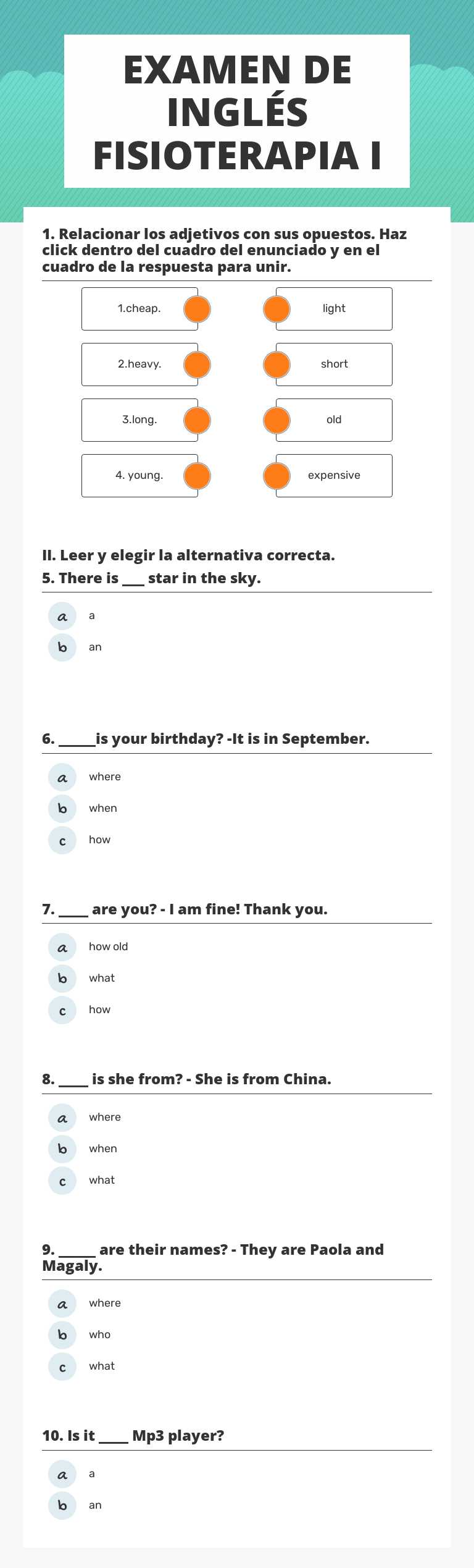 EXAMEN DE INGLÉS  FISIOTERAPIA I worksheet preview image