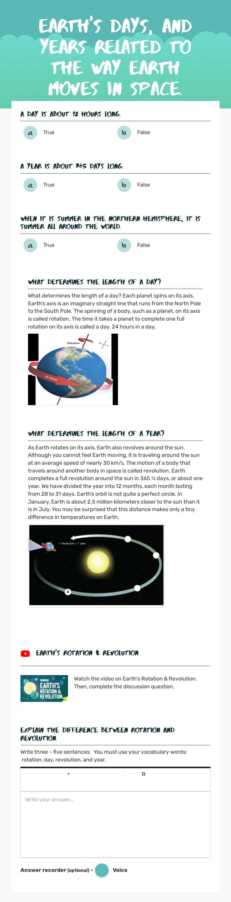 Earth's days, and years related to the way Earth Moves in space. Grade 6 worksheet preview