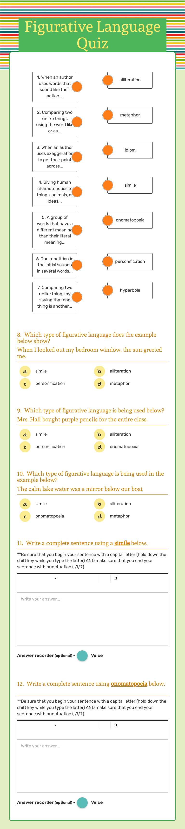 Figurative Language Quiz worksheet preview image