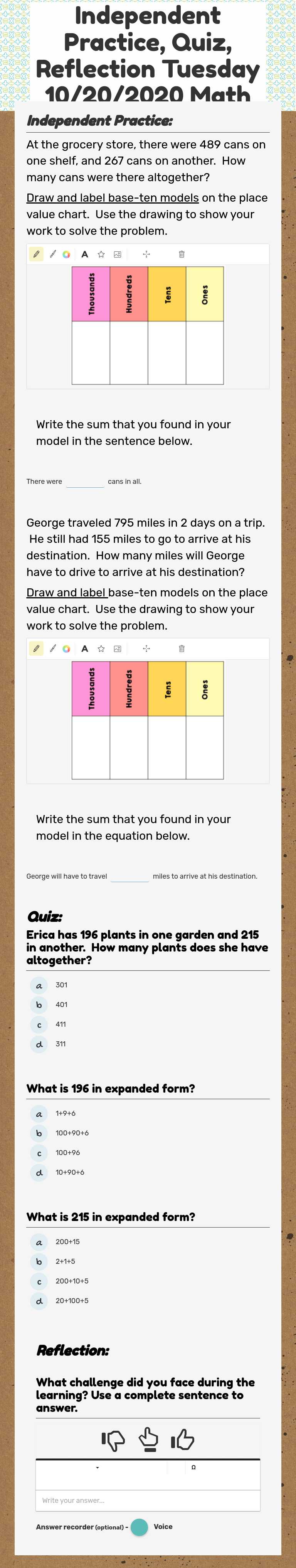 Independent Practice, Quiz, Reflection Tuesday 10/20/2020 Math Grade 3 worksheet preview