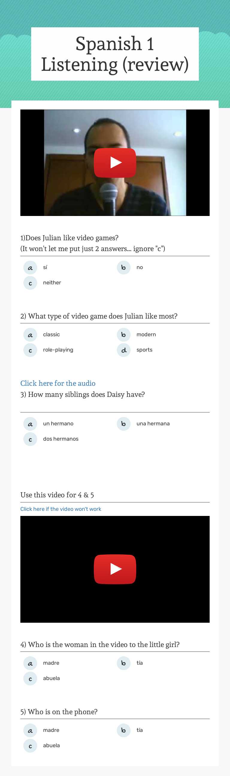 Spanish 1 Listening (review) worksheet preview image