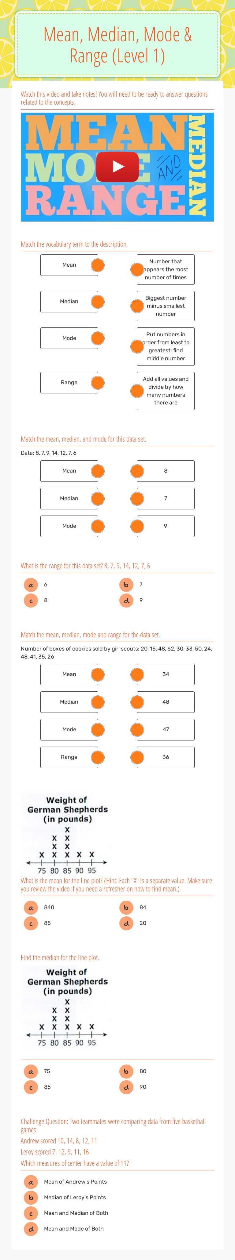 Mean, Median, Mode & Range (Level 1) worksheet preview image