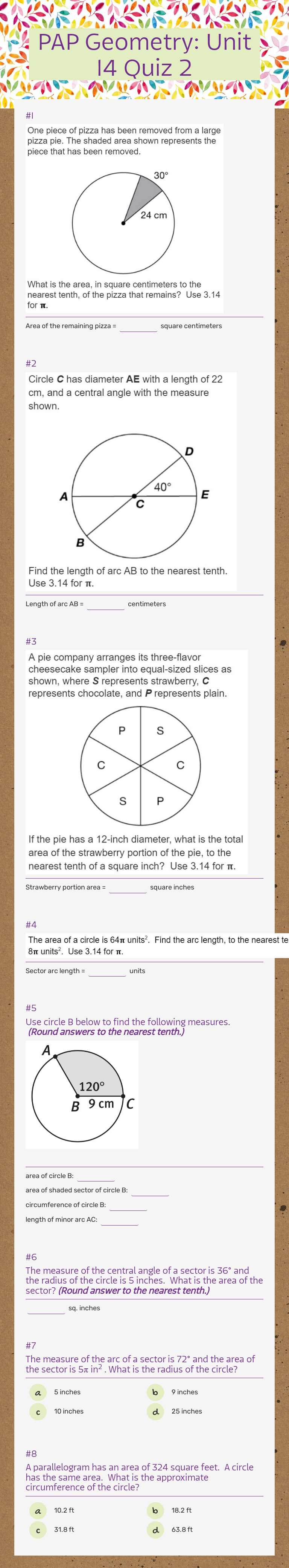 PAP Geometry: Unit 14 Quiz 2 Grade 10 worksheet preview