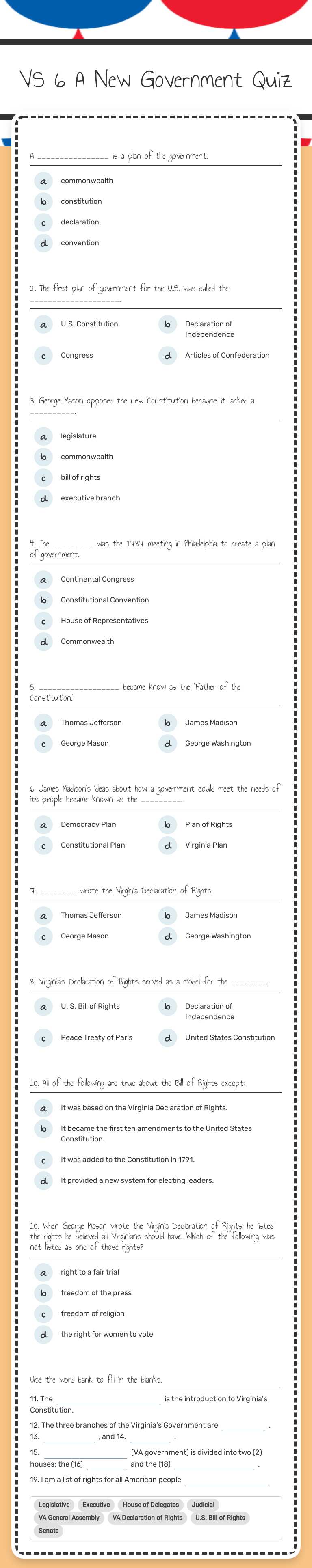 VS 6 A New Government Quiz worksheet preview image
