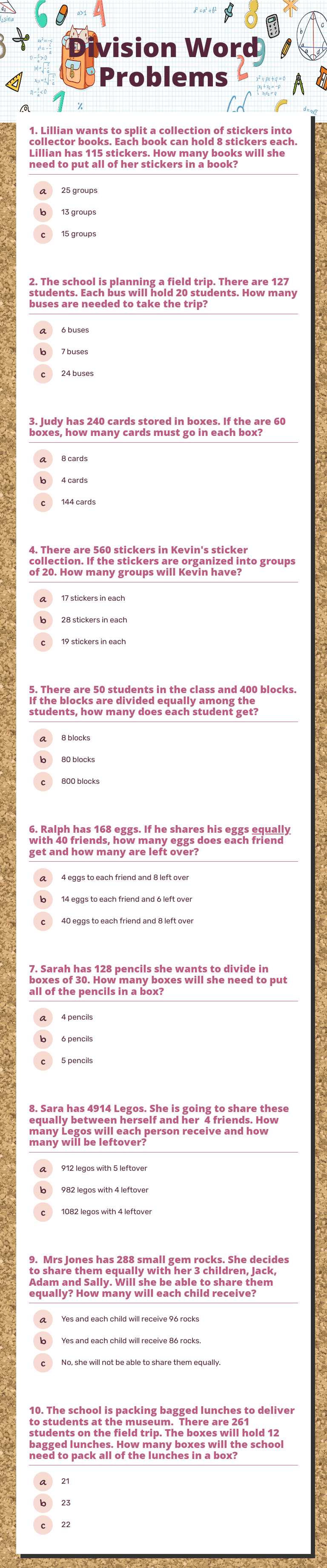 Division Word Problems worksheet preview image