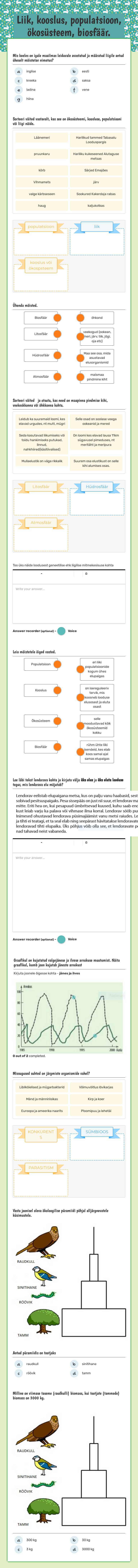 Liik, kooslus, populatsioon, ökosüsteem, biosfäär. worksheet preview image