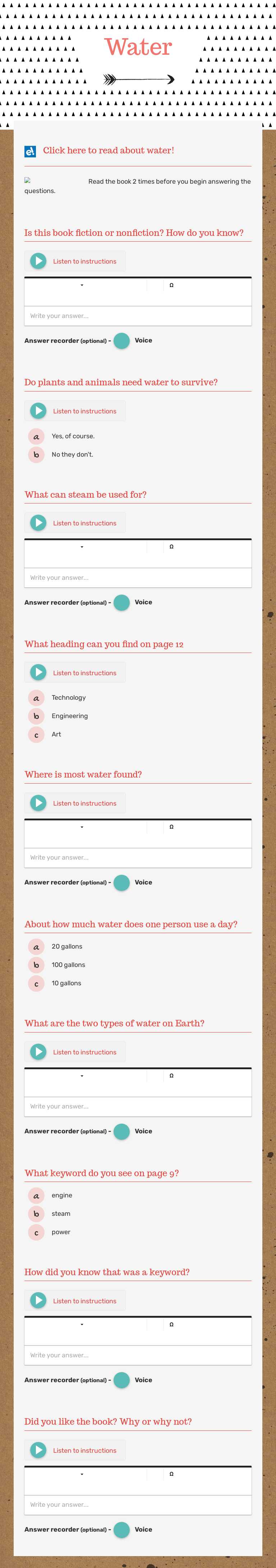 Water worksheet preview