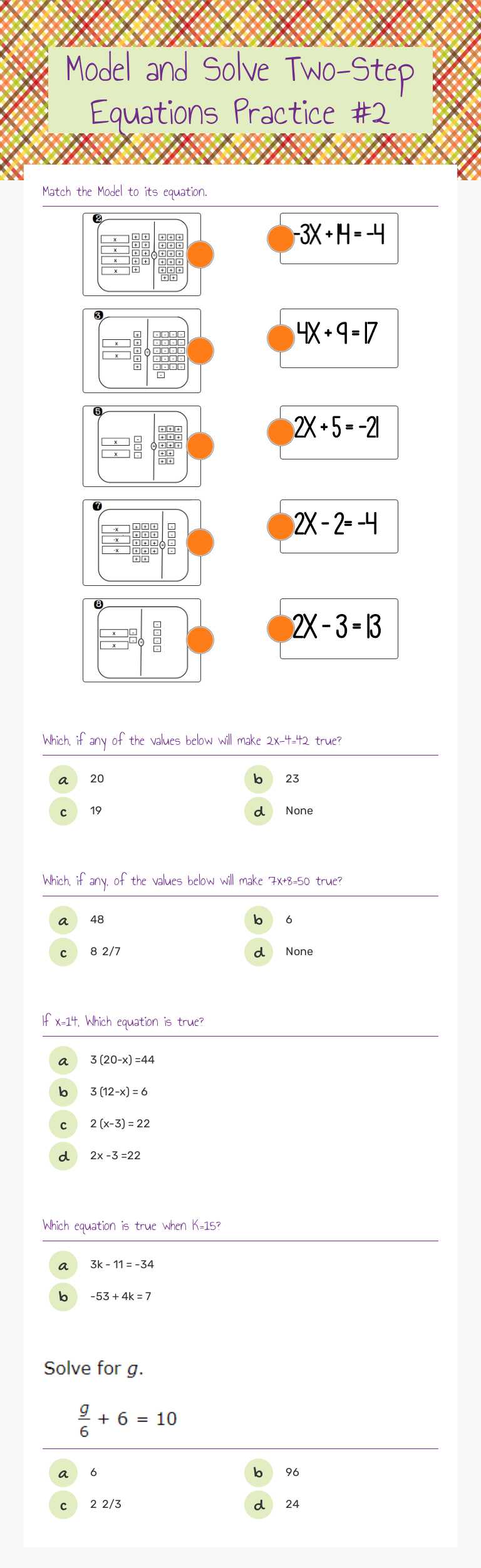 Model and Solve Two-Step Equations Practice #2 Grade 6 worksheet preview