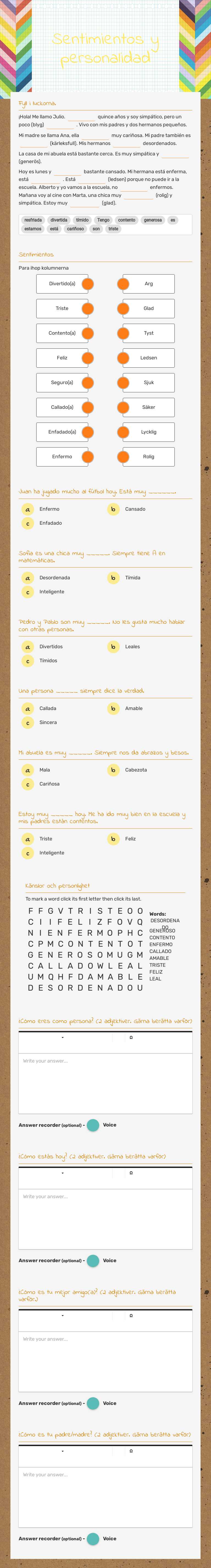 Sentimientos y personalidad worksheet preview image