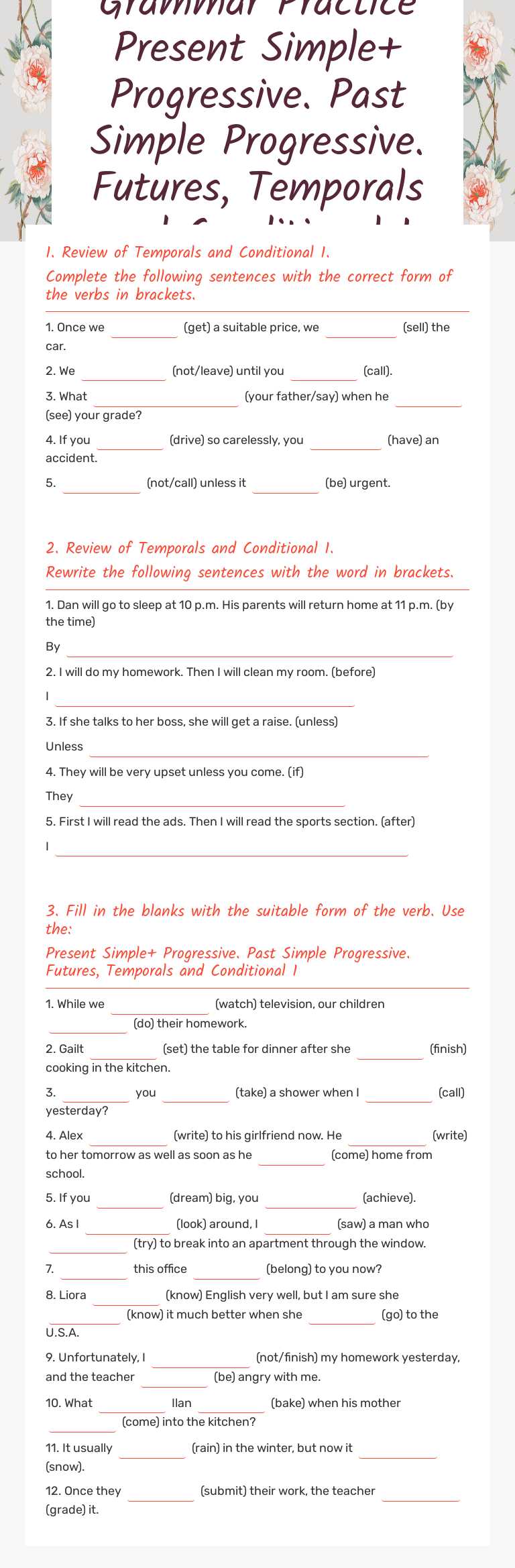 Grammar Practice Present Simple+ Progressive. Past Simple Progressive. Futures, Temporals and Conditional 1 worksheet preview image