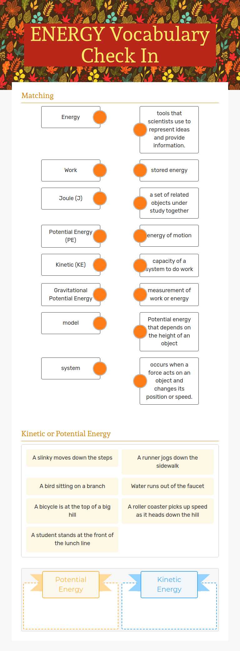 ENERGY Vocabulary Check In Grade 6 worksheet preview
