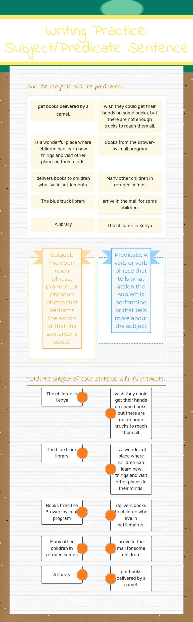 Writing Practice: Subject/Predicate Sentence worksheet preview image