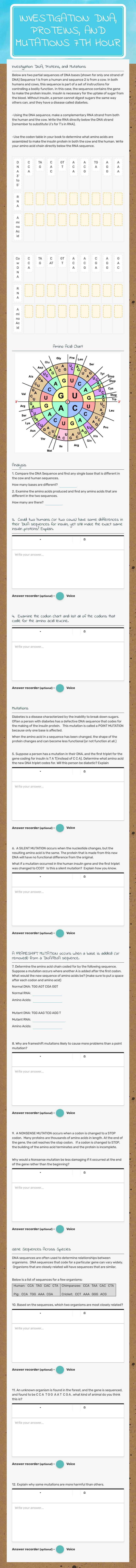Investigation: DNA, Proteins, and Mutations 7th Hour worksheet preview image